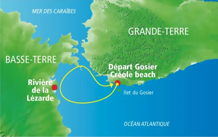 Carte du parcours jet ski La Mangrove au départ de Créole Beach et Salako Zénitude, Guadeloupe
