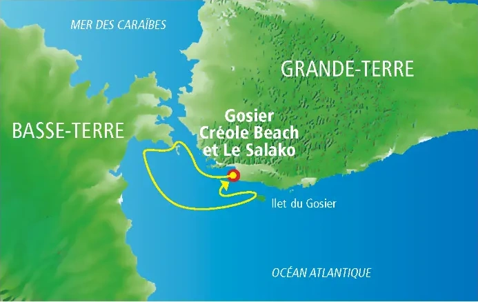 Carte du parcours jet ski Pointe-à-Pitre au départ de Créole Beach et Salako Zénitude, Guadeloupe